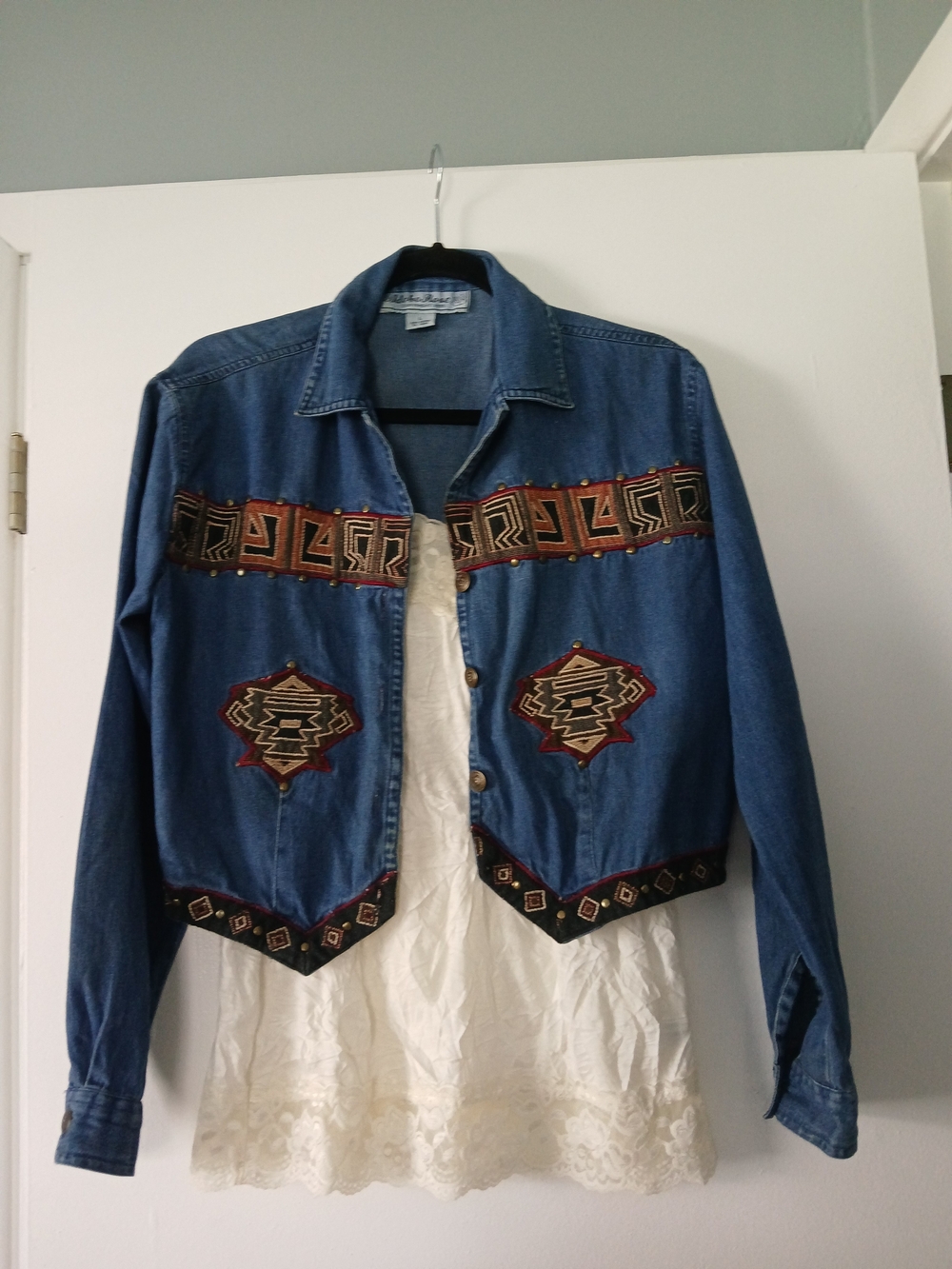 Blue Denim Jacket with Tribal Embroidery Size LG.